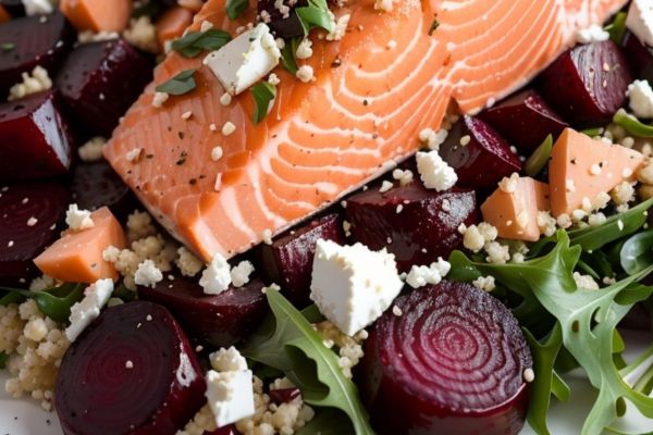 Roasted Beet and Goat Cheese Salmon Couscous Salad
