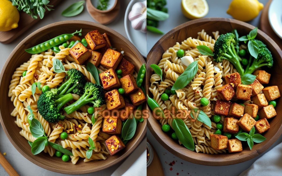 Easy Vegetarian Pasta with Broccolini, Peas, and Smoky Tofu