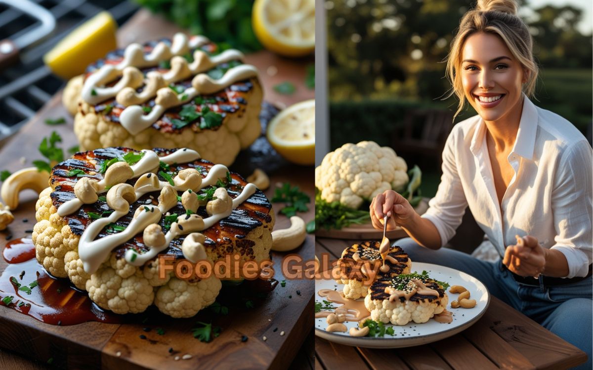 Close-up of smoky grilled cauliflower steaks with creamy cashew drizzle, garnished with parsley and sesame seeds on a wooden board - healthy vegan BBQ recipe