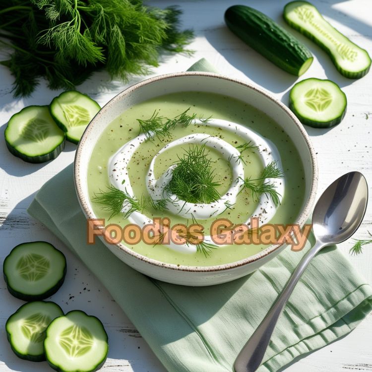 Chilled cucumber soup with Greek yogurt and fresh dill served in a white bowl, ideal for summer meals and healthy vegetarian diets