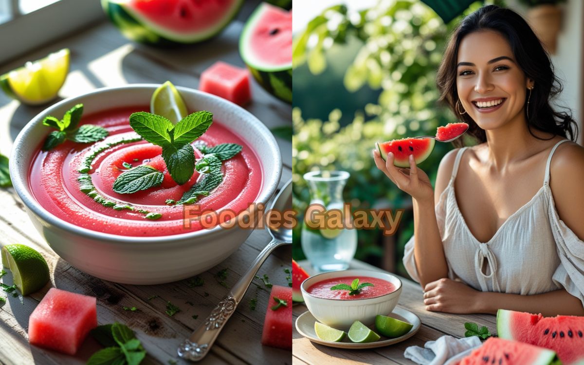 Chilled watermelon soup garnished with fresh mint and lime in a white bowl, served on a rustic table – refreshing no-cook summer dish