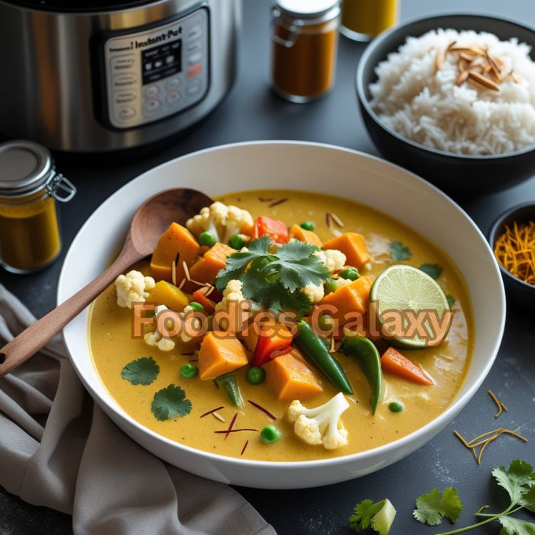 Creamy Indian-American fusion vegetable korma with coconut milk made in Instant Pot - easy 30-minute vegetarian dinner