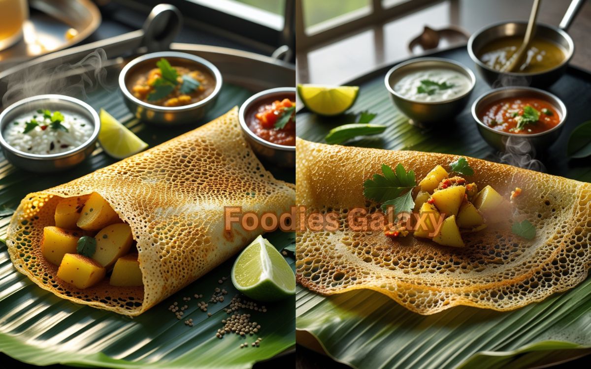 Crispy golden masala dosa with potato filling served with coconut chutney and sambar - traditional South Indian breakfast