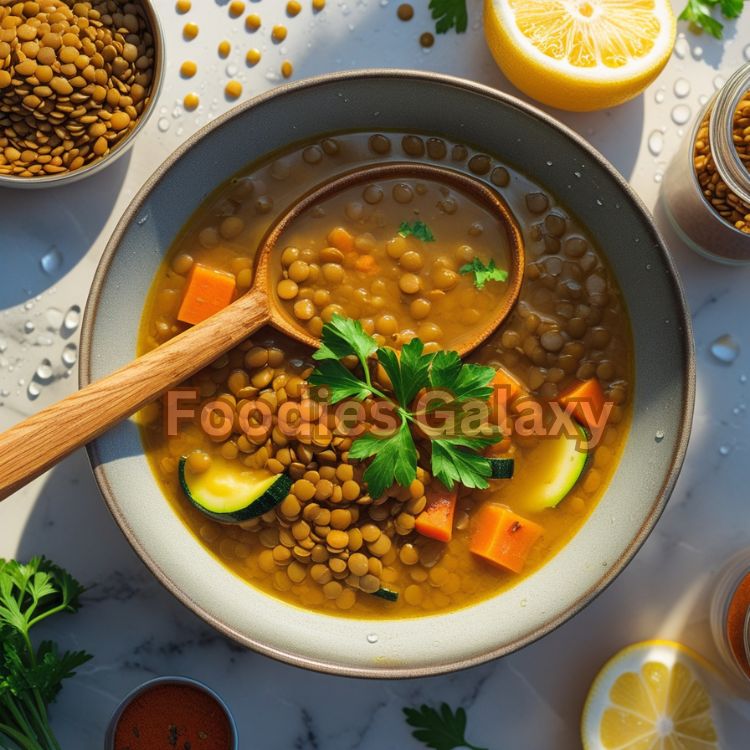 Homemade detox lentil vegetable soup prepared in a rustic kitchen. Healthy woman smiling while cooking healthy meal.