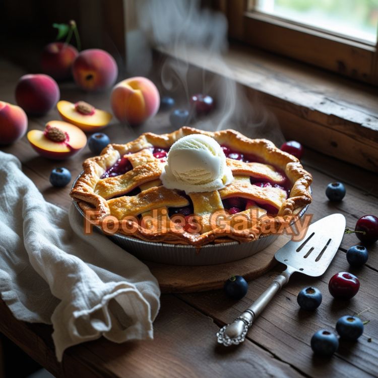 Freshly baked American-style fruit pie with flaky golden crust, topped with vanilla ice cream