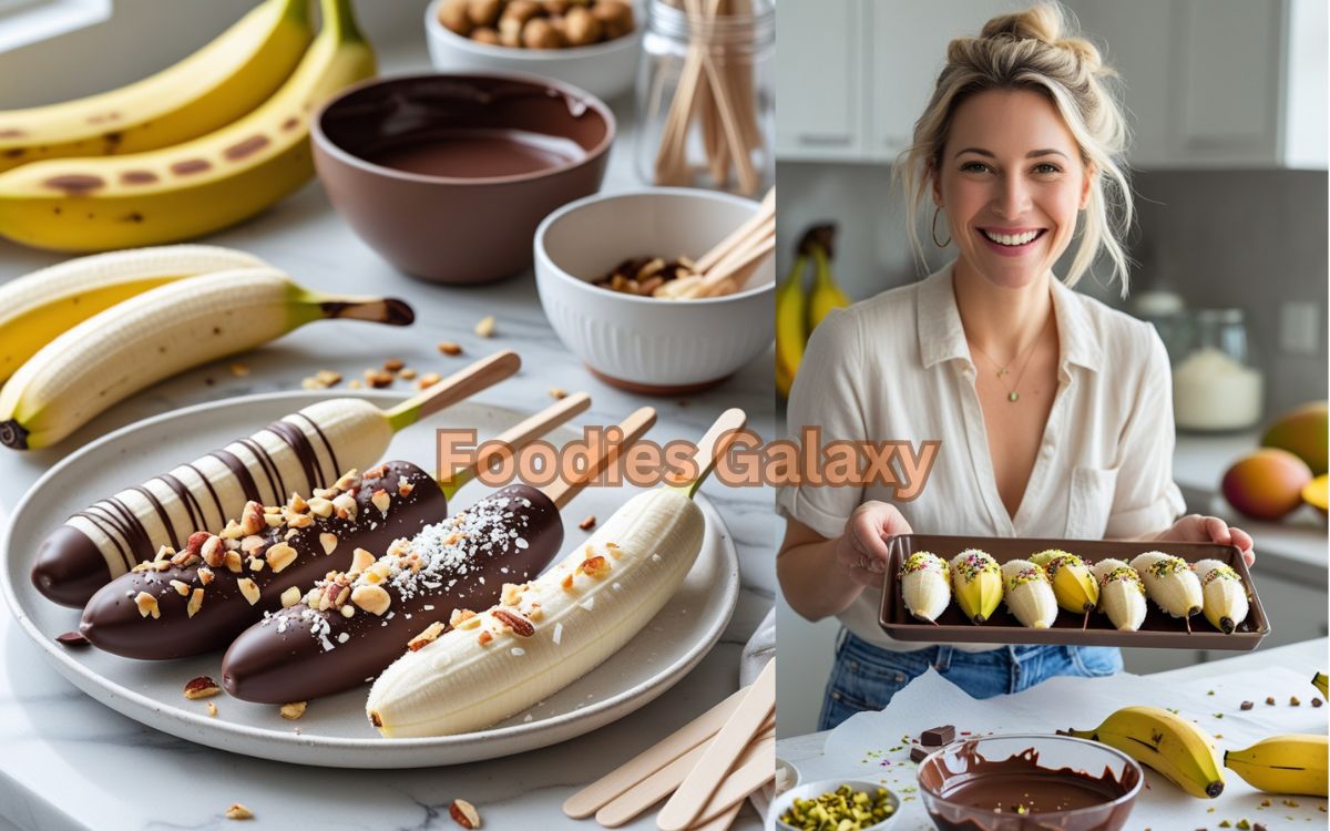 Smiling American woman dipping bananas into melted chocolate in a modern kitchen, with decorated frozen banana pops topped with coconut, nuts, and sprinkles clearly displayed on the counter