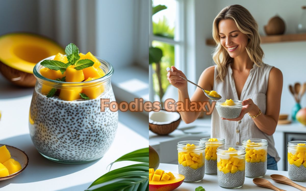 Smiling American woman serving tropical chia seed pudding layered with mango and coconut in a modern sunlit kitchen, with fresh fruit and glass jars beautifully arranged on the counter