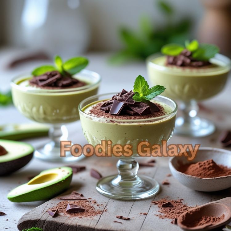 glass cup of creamy avocado chocolate mousse topped with dark chocolate shavings and mint, healthy sugar-free vegan dessert displayed on a rustic kitchen table