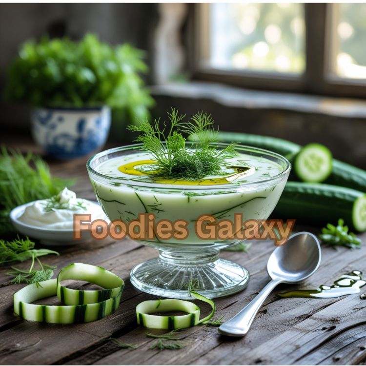 Chilled cucumber-yogurt soup served in a glass bowl, garnished with fresh dill, olive oil, and cucumber slices – a creamy, tangy, refreshing summer dish made with Greek yogurt