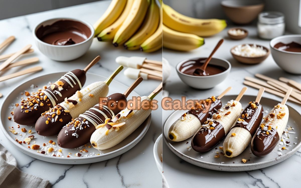 dipping bananas into melted chocolate in a modern kitchen, with decorated frozen banana pops topped with coconut, nuts, and sprinkles clearly displayed on the counter