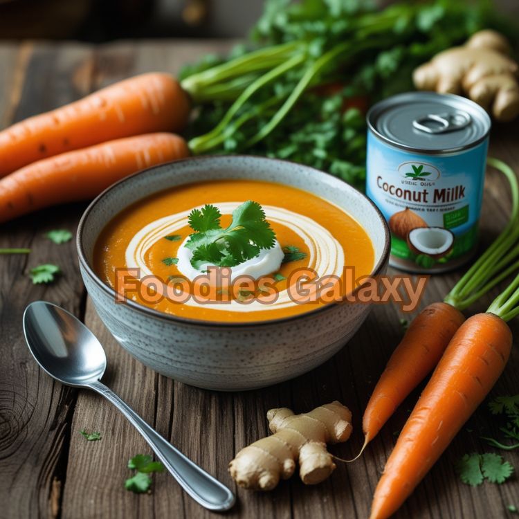 bowl of creamy carrot-ginger soup with coconut milk, topped with herbs, surrounded by fresh ingredients in a cozy international kitchen setting