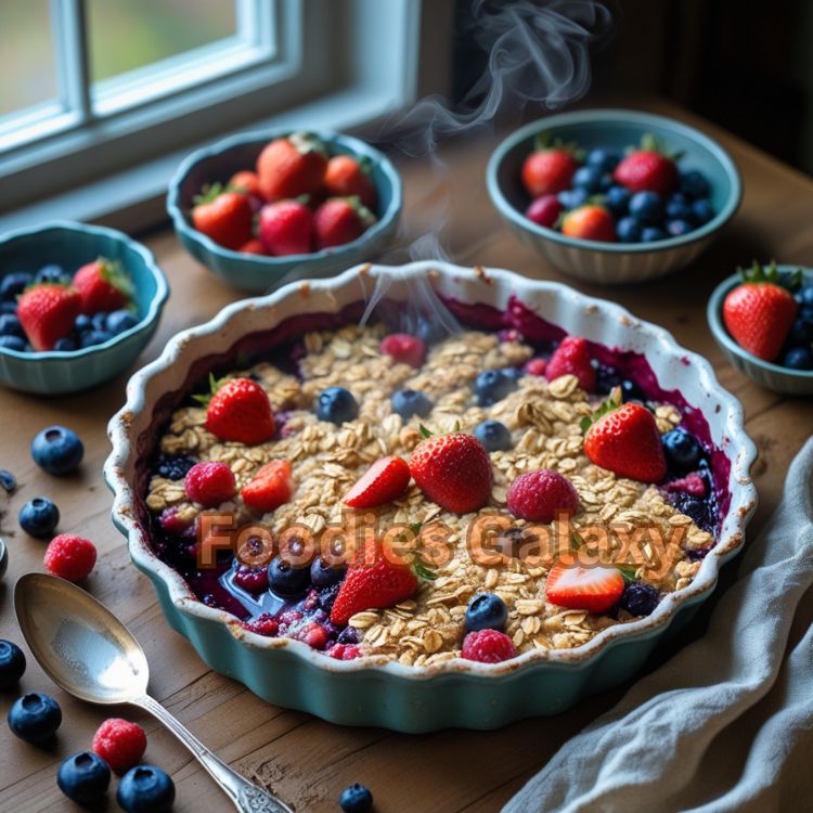 mixed berry crumble with strawberries and blueberries in a rustic dish, showing golden oat topping and fresh berries on a wooden kitchen table