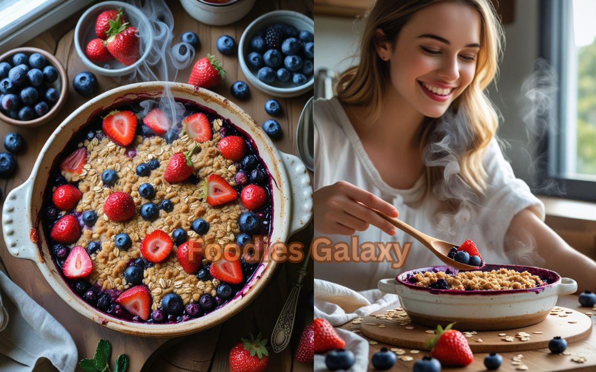 mixed berry crumble with strawberries and blueberries in a rustic dish, showing golden oat topping and fresh berries on a wooden kitchen table