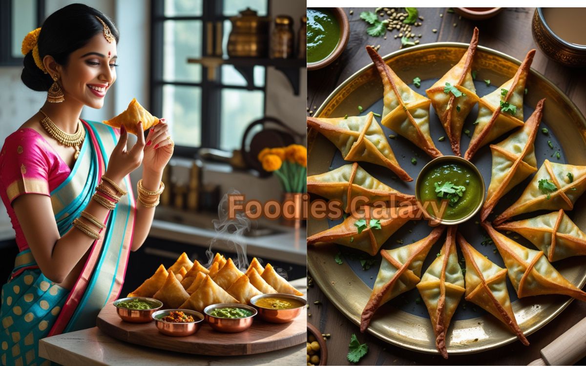 Crispy golden Indian samosas served with green mint chutney, tamarind sauce, and a cup of masala chai on a rustic wooden background