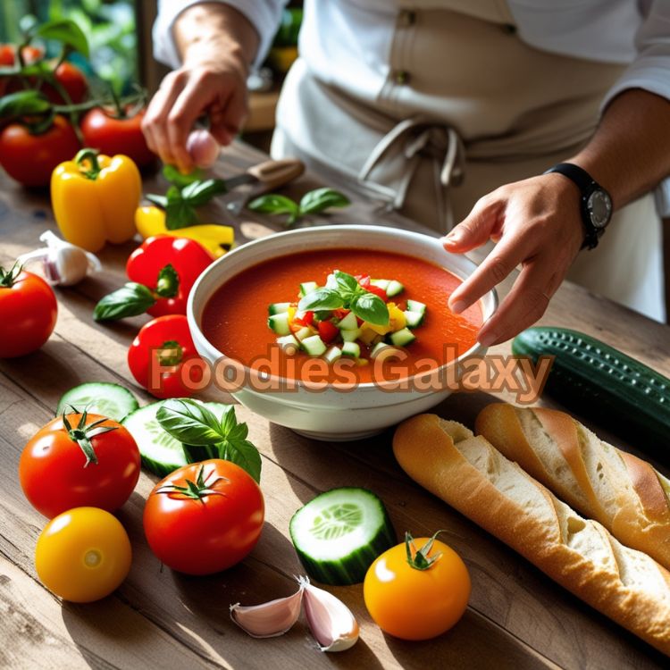 Spanish gazpacho made with bell peppers into a bowl in a sunlit kitchen, surrounded by fresh vegetables, perfect for a no-cook summer meal.