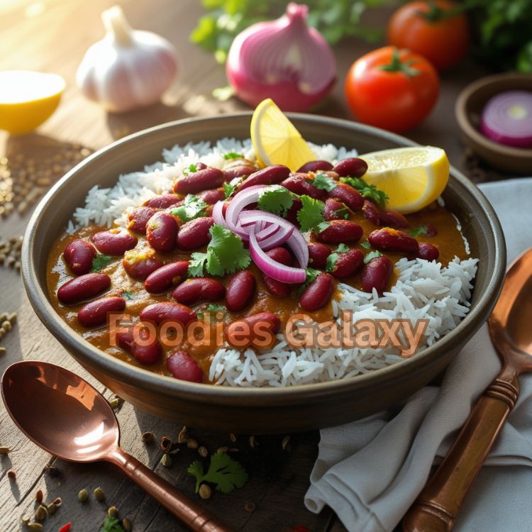 Authentic Indian Rajma Chawal served with fluffy basmati rice, garnished with coriander and onions, plated traditionally for an international food audience