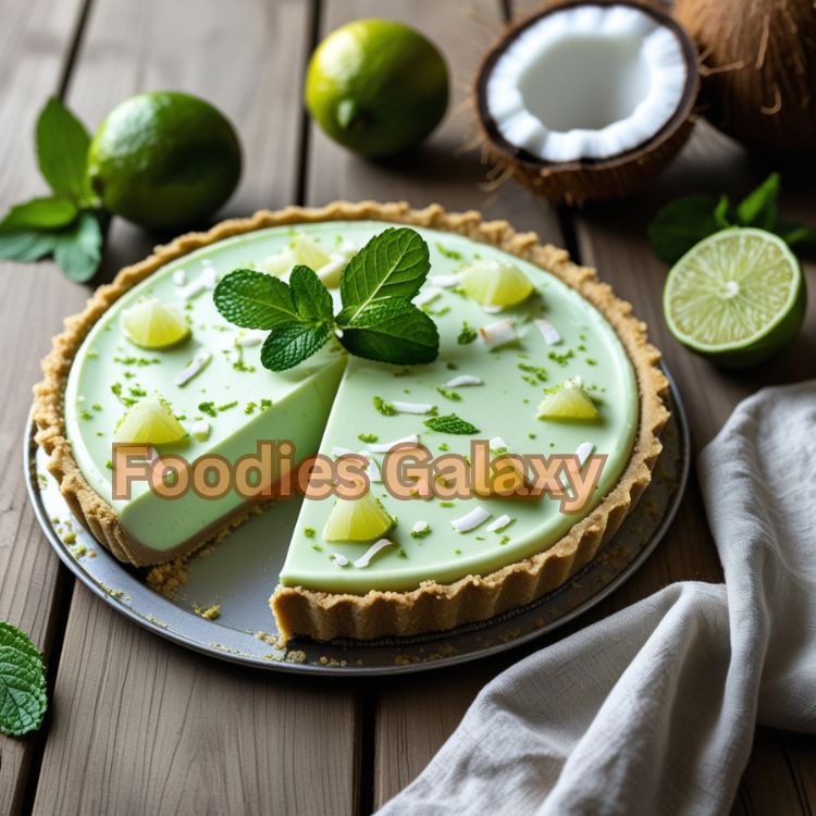 A slice of vegan key lime pie with creamy lime filling and cashew-coconut crust, topped with lime zest and coconut flakes, served on a rustic plate with whole limes in the background.

