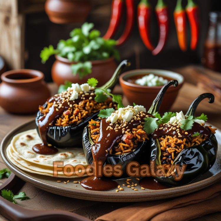 Mexican Stuffed Poblano Peppers with Mole Sauce