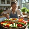 American woman preparing a colorful hummus and fresh vegetable platter with carrots, cucumbers, cherry tomatoes, and bell peppers in a bright kitchen – healthy vegetarian snack for global audience
