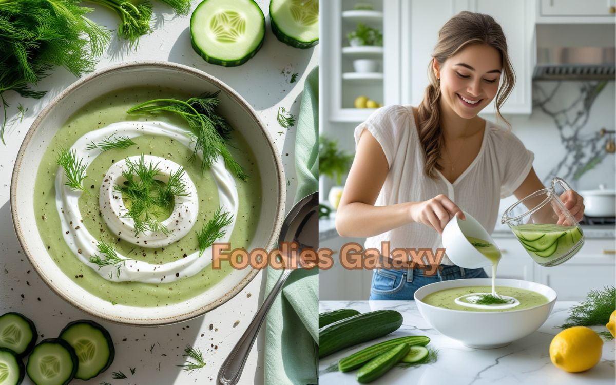 Chilled cucumber soup with Greek yogurt and fresh dill served in a white bowl, ideal for summer meals and healthy vegetarian diets