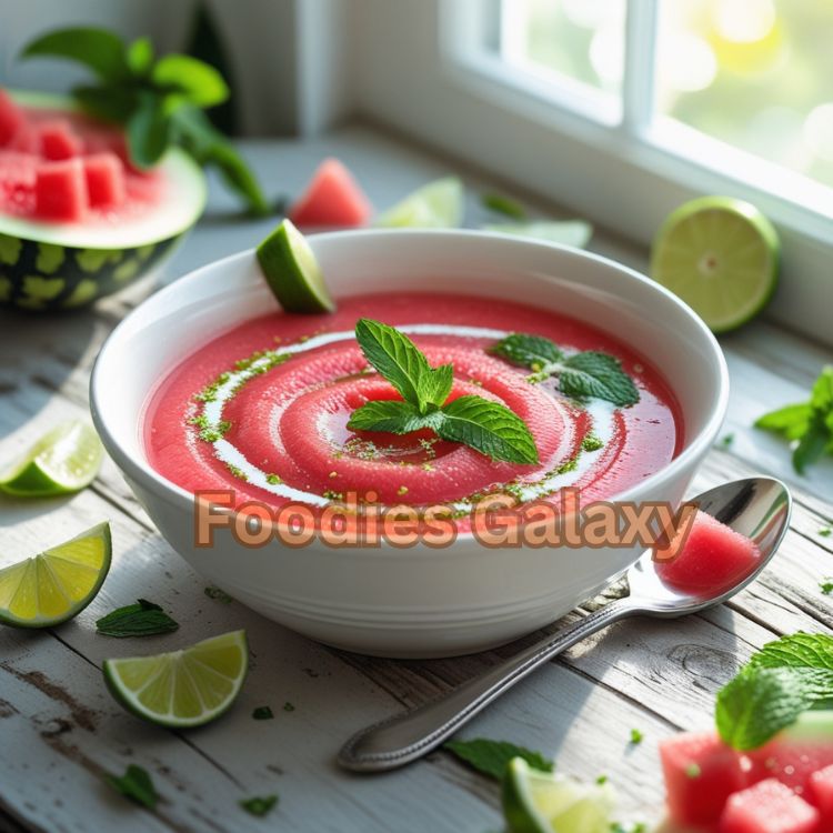 Chilled watermelon soup garnished with fresh mint and lime in a white bowl, served on a rustic table – refreshing no-cook summer dish
