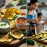 Golden crispy zucchini chips made in air fryer with three dipping sauces - healthy kid-friendly snack ready in 15 minutes