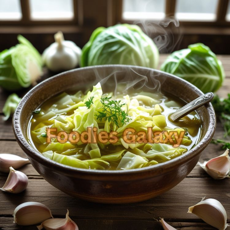 Rustic garlicky cabbage soup with fresh herbs and vegetables in a wooden bowl