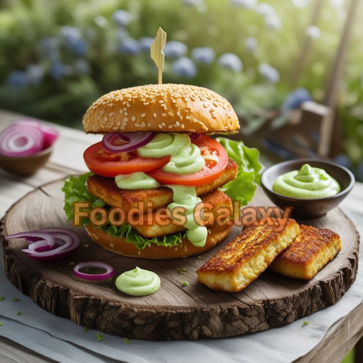 Close-up of a crispy tofu katsu burger with fresh vegetables and wasabi mayo on a sesame bun, served on a wooden board – perfect vegan BBQ dish for international food lovers