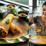 Crispy golden masala dosa with potato filling served with coconut chutney and sambar - traditional South Indian breakfast