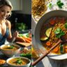 Homemade detox lentil vegetable soup prepared in a rustic kitchen. Healthy woman smiling while cooking healthy meal.