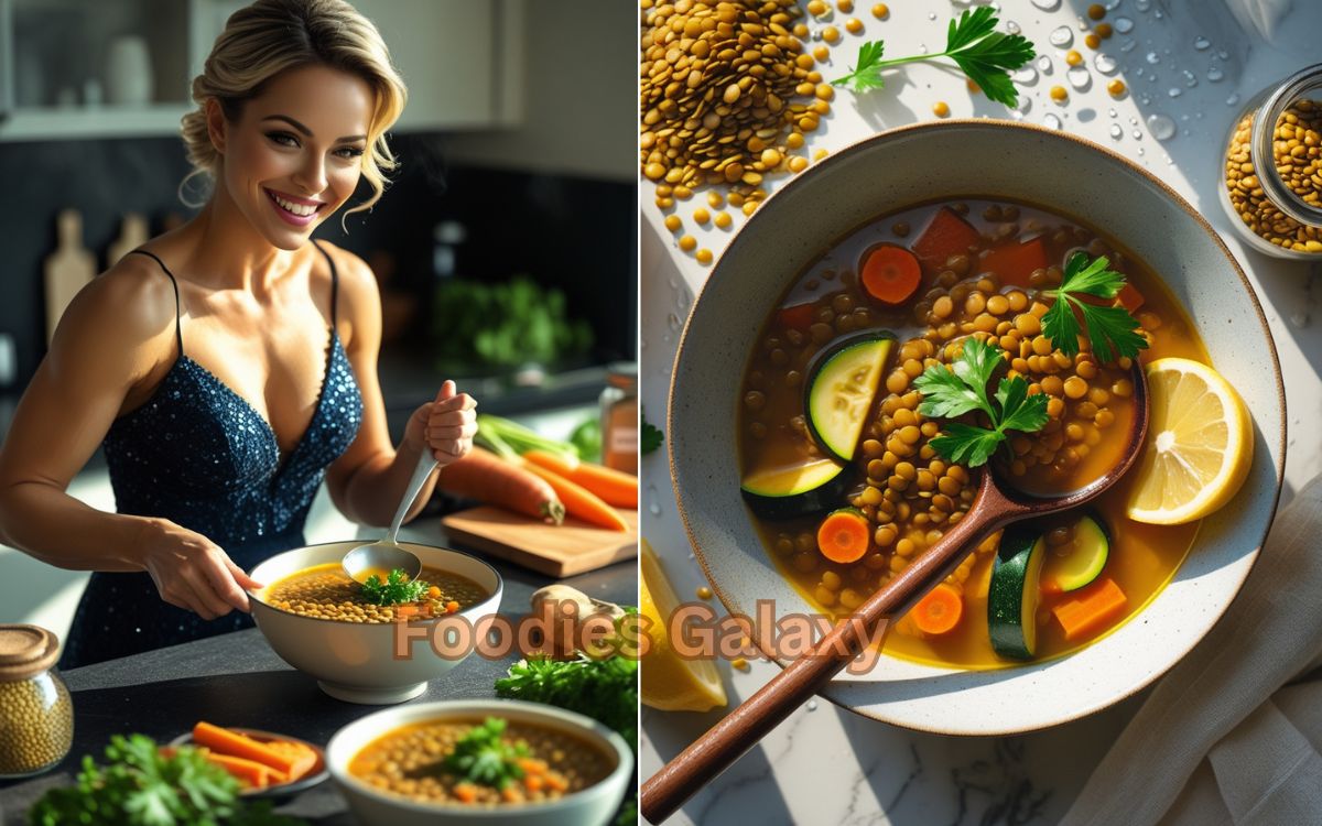 Homemade detox lentil vegetable soup prepared in a rustic kitchen. Healthy woman smiling while cooking healthy meal.