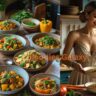 American woman serving homemade vegetarian lentil stew with fresh vegetables on a cozy dinner table, ideal for a weekly plant-based dinner plan