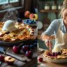 Freshly baked American-style fruit pie with flaky golden crust, topped with vanilla ice cream, served by smiling woman in a cozy rustic kitchen