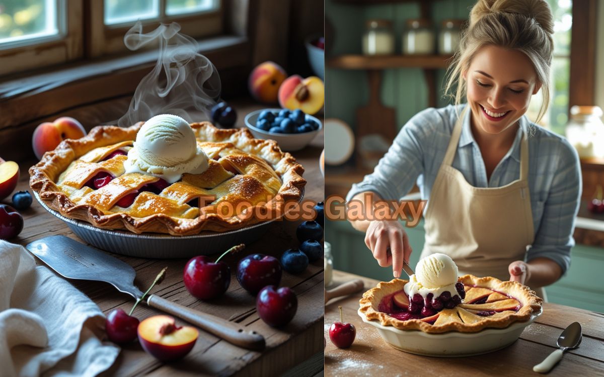 Freshly baked American-style fruit pie with flaky golden crust, topped with vanilla ice cream, served by smiling woman in a cozy rustic kitchen