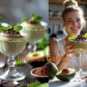 glass cup of creamy avocado chocolate mousse topped with dark chocolate shavings and mint, healthy sugar-free vegan dessert displayed on a rustic kitchen table