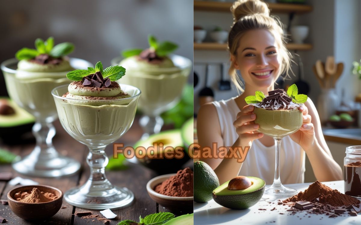 glass cup of creamy avocado chocolate mousse topped with dark chocolate shavings and mint, healthy sugar-free vegan dessert displayed on a rustic kitchen table