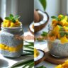tropical chia seed pudding layered with mango and coconut in a modern sunlit kitchen, with fresh fruit and glass jars beautifully arranged on the counter