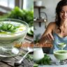 Chilled cucumber-yogurt soup served in a glass bowl, garnished with fresh dill, olive oil, and cucumber slices – a creamy, tangy, refreshing summer dish made with Greek yogurt