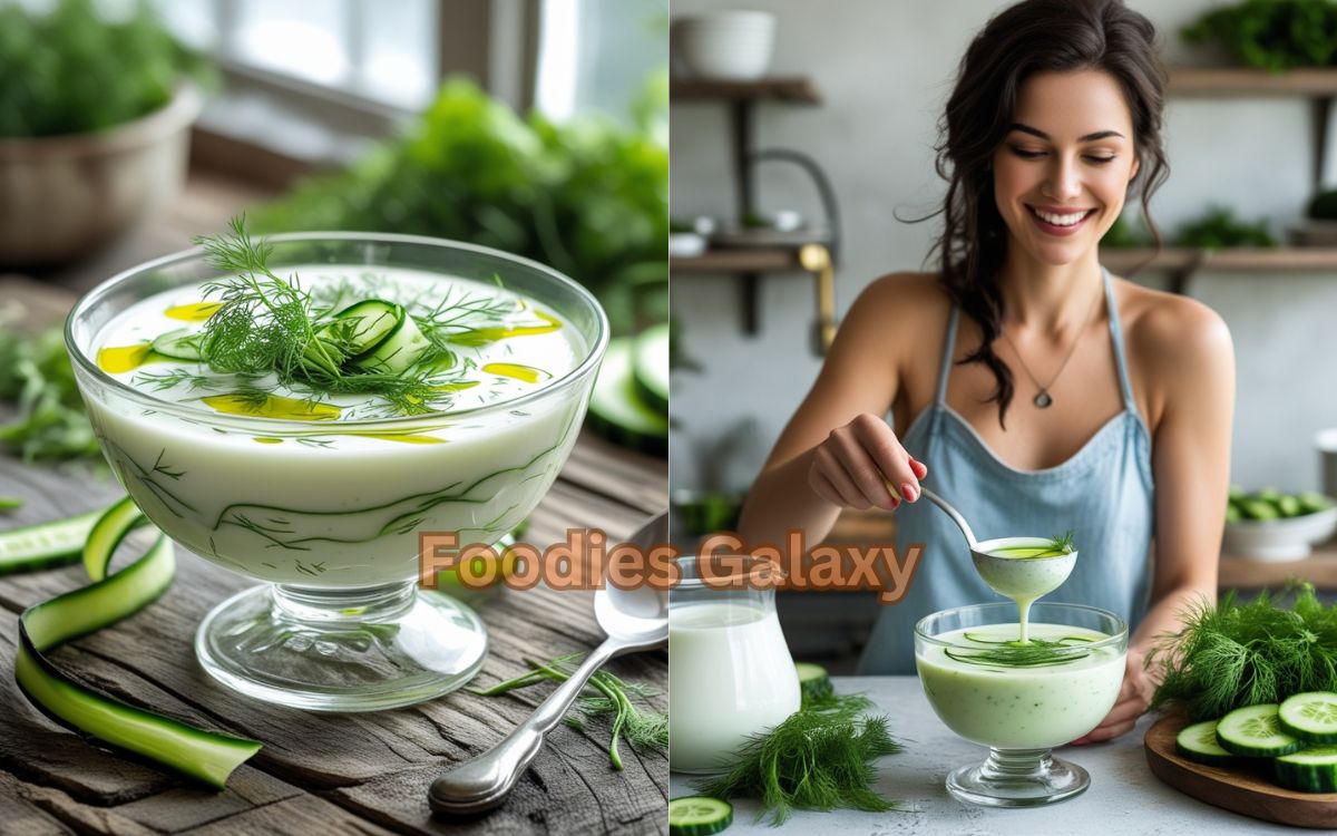 Chilled cucumber-yogurt soup served in a glass bowl, garnished with fresh dill, olive oil, and cucumber slices – a creamy, tangy, refreshing summer dish made with Greek yogurt