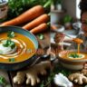 bowl of creamy carrot-ginger soup with coconut milk, topped with herbs, surrounded by fresh ingredients in a cozy international kitchen setting