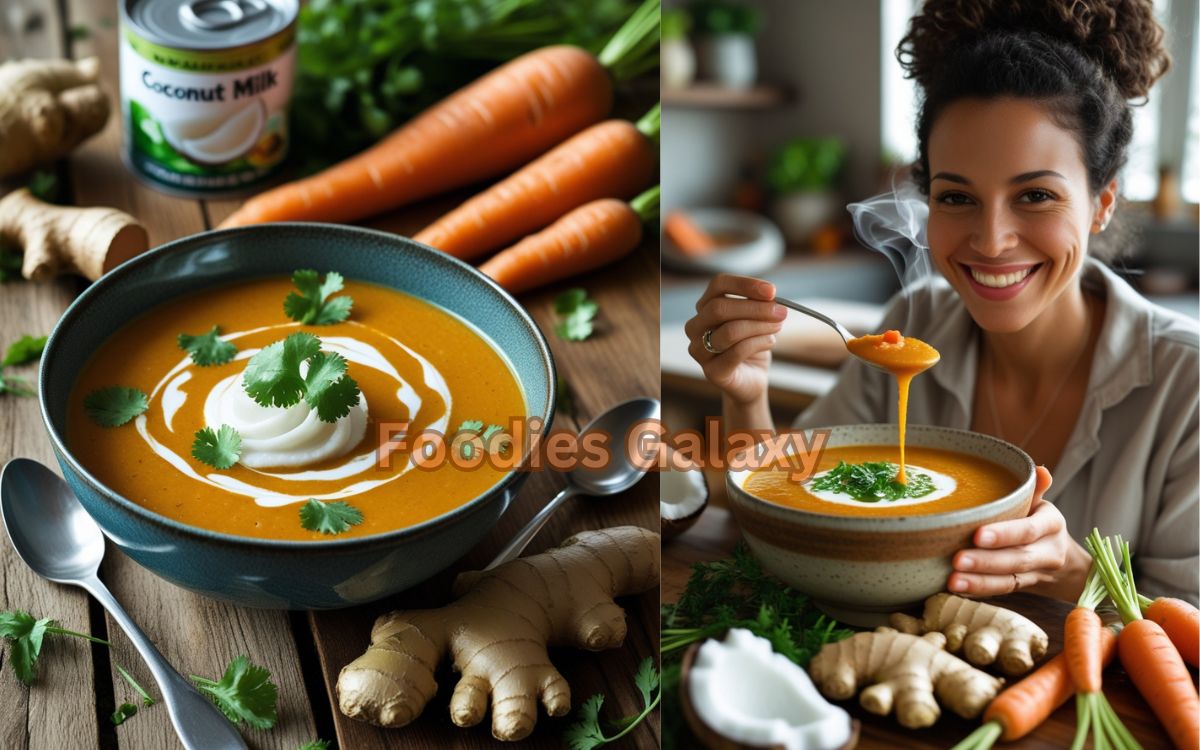 bowl of creamy carrot-ginger soup with coconut milk, topped with herbs, surrounded by fresh ingredients in a cozy international kitchen setting