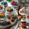 Glass jars filled with layered berry parfaits made of Greek yogurt, granola, and fresh strawberries, raspberries, and blueberries, garnished with mint and served on a rustic wooden tray