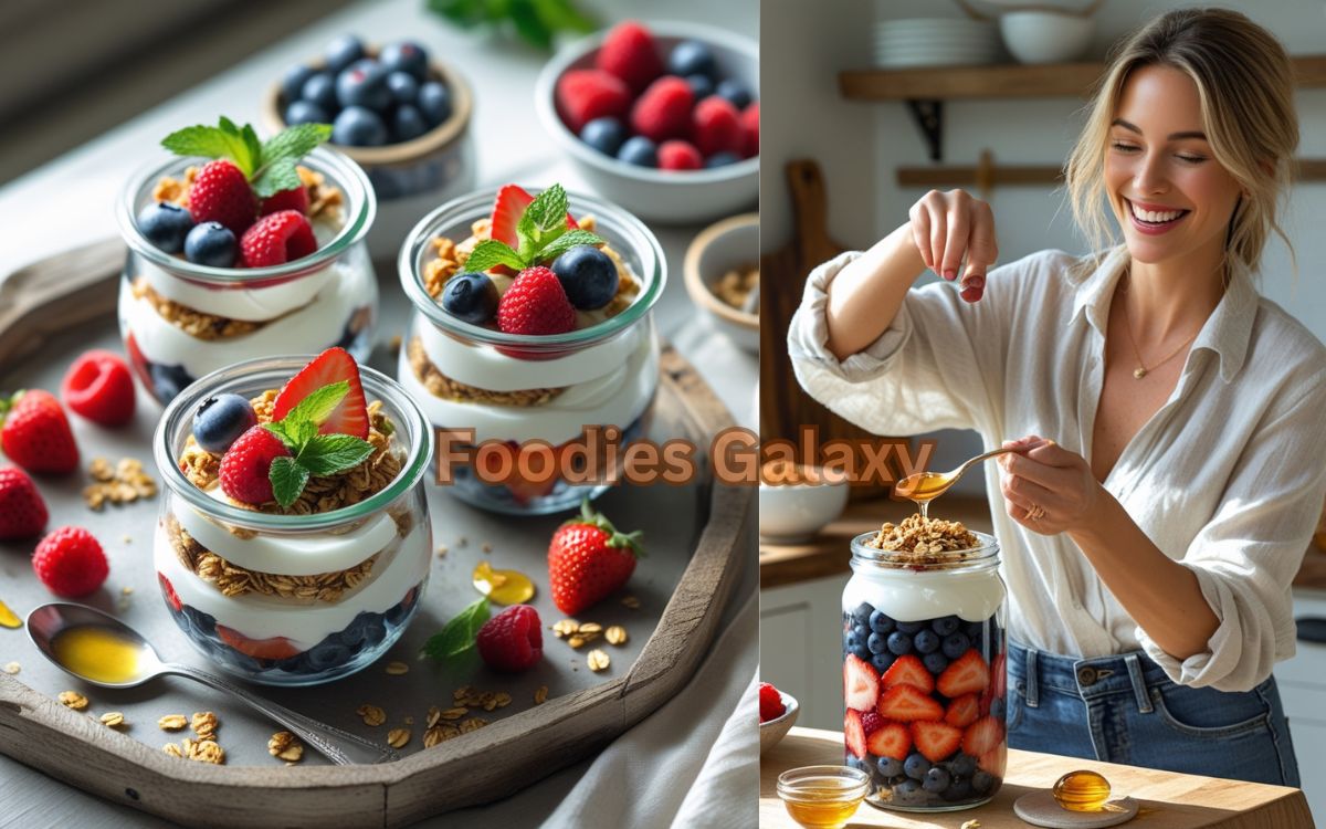 Glass jars filled with layered berry parfaits made of Greek yogurt, granola, and fresh strawberries, raspberries, and blueberries, garnished with mint and served on a rustic wooden tray