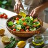 homemade lemon and olive oil dressing over a colorful vegetarian salad with tomatoes, cucumbers, and leafy greens in a bright international-style kitchen.