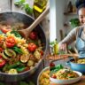 one-pot vegetarian pasta filled with colorful vegetables like tomatoes, spinach, and zucchini, with the finished dish clearly visible on the counter.