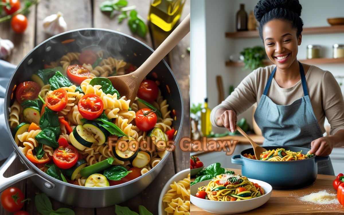 one-pot vegetarian pasta filled with colorful vegetables like tomatoes, spinach, and zucchini, with the finished dish clearly visible on the counter.