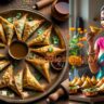 Crispy golden Indian samosas served with green mint chutney, tamarind sauce, and a cup of masala chai on a rustic wooden background