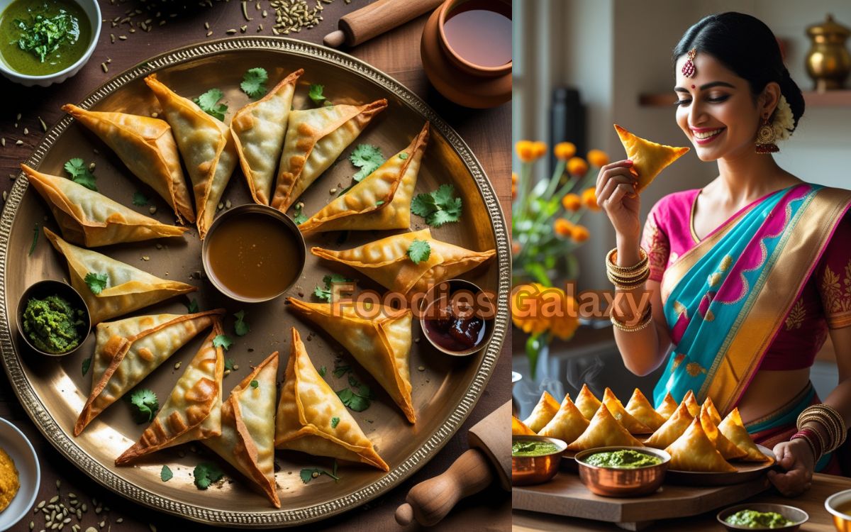 Crispy golden Indian samosas served with green mint chutney, tamarind sauce, and a cup of masala chai on a rustic wooden background
