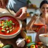 Spanish gazpacho made with bell peppers into a bowl in a sunlit kitchen, surrounded by fresh vegetables, perfect for a no-cook summer meal.