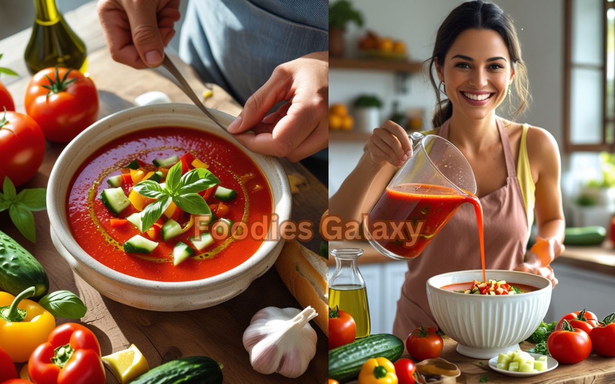 Spanish gazpacho made with bell peppers into a bowl in a sunlit kitchen, surrounded by fresh vegetables, perfect for a no-cook summer meal.